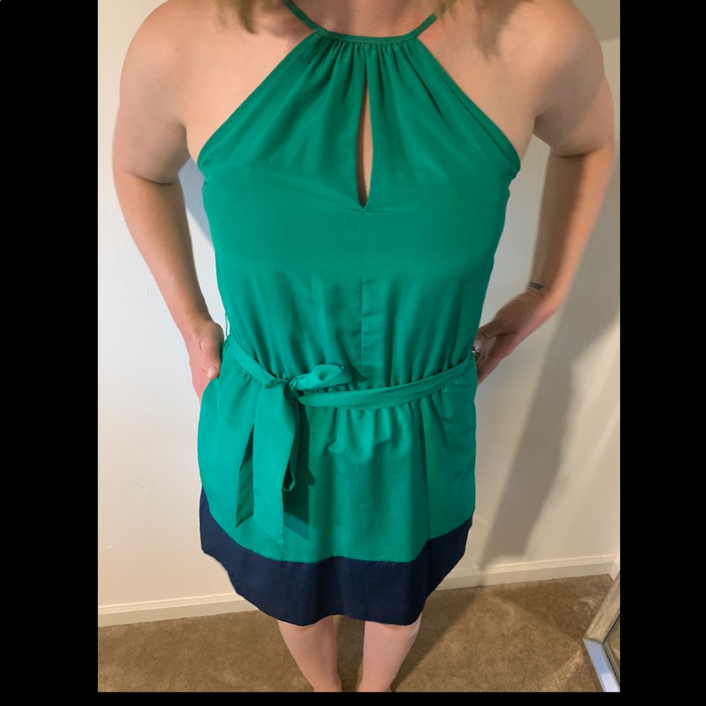 Green and blue color blocked party dress